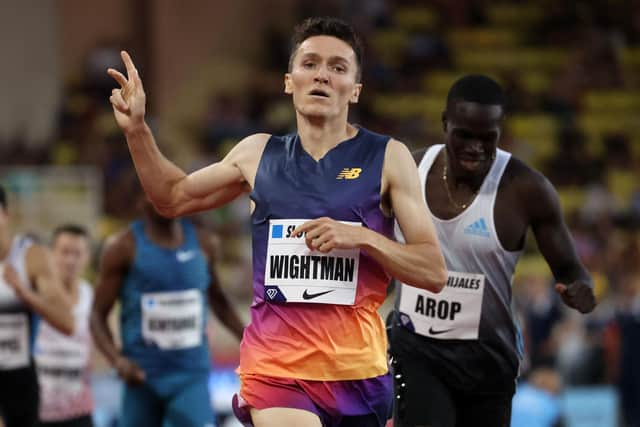 Jake Wightman crosses the finish line to win the 1000m at the Diamond League meeting in Monaco. (Photo by VALERY HACHE/AFP via Getty Images)