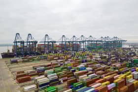 Thousands of shipping containers at the Port of Felixstowe in Suffolk. Trump's tariffs are already having an impact on global trade and business confidence.