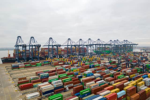 Thousands of shipping containers at the Port of Felixstowe in Suffolk. Trump's tariffs are already having an impact on global trade and business confidence.