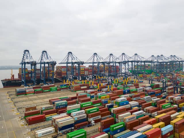 Thousands of shipping containers at the Port of Felixstowe in Suffolk. Trump's tariffs are already having an impact on global trade and business confidence.