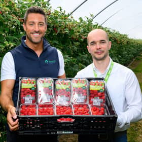 17.6 million Scottish raspberries heading to Asda shelves. Pictured is Liam Stewart, Managing Director at Stewarts of Tayside with Adrian Okolski, General Store Manager at Asda Perth