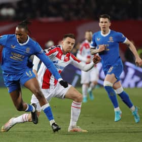 Joe Aribo, pictured in action during the second leg of the Europa League last 16 tie against Red Star Belgrade, is one of the Rangers players one booking away from suspension going into the first leg of their quarter-final against Braga in Portugal on Thursday night. (Photo by Srdjan Stevanovic/Getty Images)