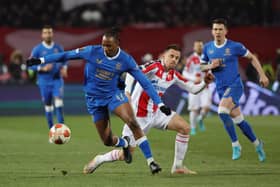 Joe Aribo, pictured in action during the second leg of the Europa League last 16 tie against Red Star Belgrade, is one of the Rangers players one booking away from suspension going into the first leg of their quarter-final against Braga in Portugal on Thursday night. (Photo by Srdjan Stevanovic/Getty Images)
