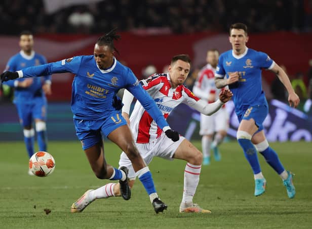 Joe Aribo, pictured in action during the second leg of the Europa League last 16 tie against Red Star Belgrade, is one of the Rangers players one booking away from suspension going into the first leg of their quarter-final against Braga in Portugal on Thursday night. (Photo by Srdjan Stevanovic/Getty Images)