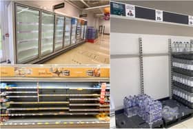 Clockwise from top left: Fruit and pastries freezers empty at Sainsbury's in Craigleith; bottled water shelves empty at Lidl in Granton, sliced cheese shelves empty at Morrisons at The Gyle.