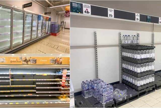 Clockwise from top left: Fruit and pastries freezers empty at Sainsbury's in Craigleith; bottled water shelves empty at Lidl in Granton, sliced cheese shelves empty at Morrisons at The Gyle.