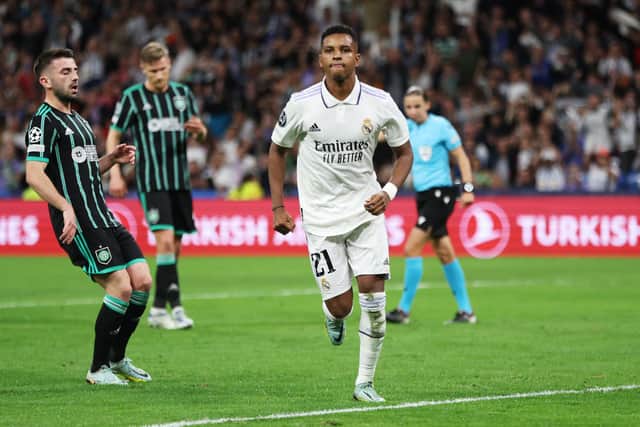 Rodrygo celebrates after converting Real Madrid's second penalty in the 5-1 win over Celtic. (Photo by Clive Brunskill/Getty Images)