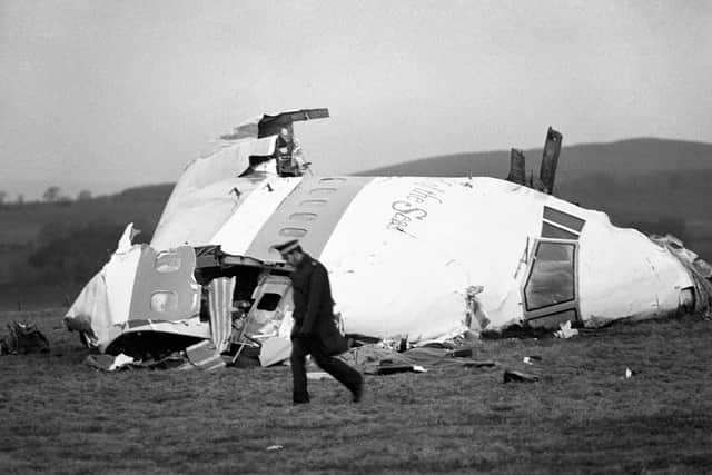 The wrecked nose section of the Pan-Am Boeing 747 in a Scottish field at Lockerbie, near Dumfries, in December 1988. Picture: PA/PA Wire