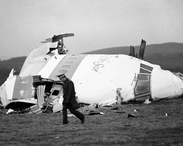 The wrecked nose section of the Pan-Am Boeing 747 in a Scottish field at Lockerbie, near Dumfries, in December 1988. Picture: PA/PA Wire