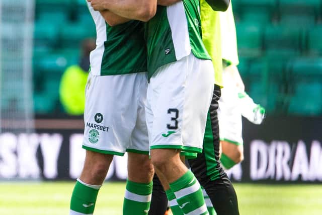 Cabraja had to be consoled by his Hibs team-mates after completing the Rangers match.
