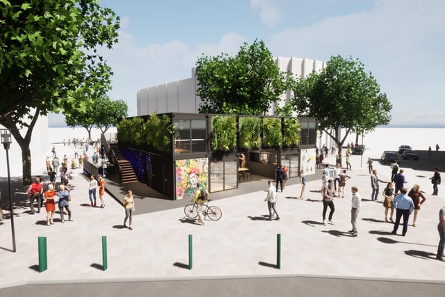 Artist's impression of plans to build a 'box' of cafes, shops and toilets on Fargate in Sheffield city centre near the Town Hall. Sheffield Council and Steel Yard are collaborating on the plans and aim to have it open later this year in 2022. Credit: ADD Architects.