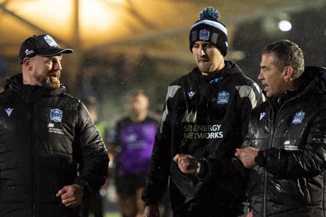 Glasgow Warriors head coach Franco Smith, right, with his assistants Nigel Carolan, left, and Pete Murchie who helped deliver the club's BKT United Rugby Championship success. (Photo by Ross MacDonald / SNS Group)