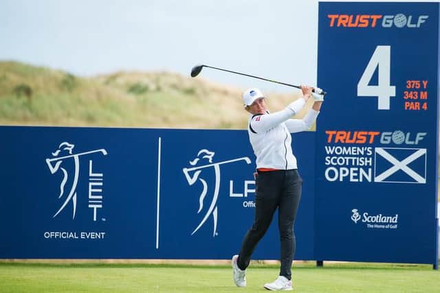 Overnight leader Michele Thomson in action during the second round of the Trust Golf Women's Scottish Open at Dumbarnie Links in Fife. Picture: Tristan Jones
