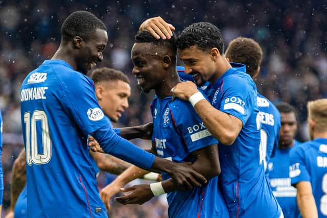 Rangers' Rabbi Matondo celebrates with Jefte (right) and Mohamed Diomande (left) as he scores to make it 2-0 over Ross County. (Photo by Alan Harvey / SNS Group)