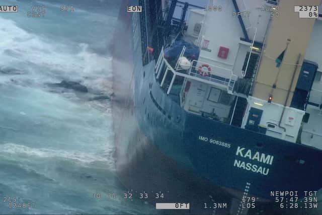 Coastguard helicopter video still showing the general cargo vessel Kaami aground on Sgeir Graidach shoal in the Little Minch.