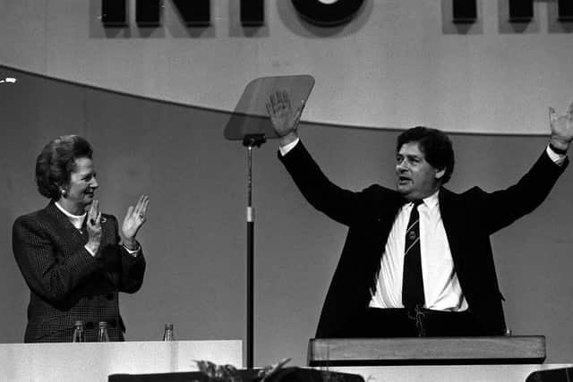 Nigel Lawson, applauded by Prime Minister Margaret Thatcher, at the end of his speech during the Conservative Party's annual conference in Brighton in 1988. The Conservative former chancellor has died at the age of 91. Issue date: Monday April 3, 2023.