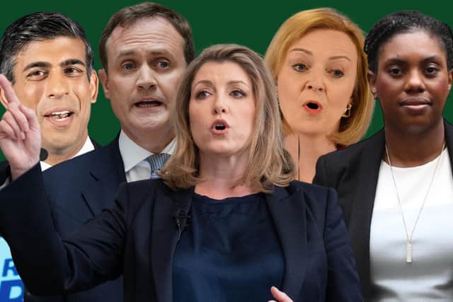 The candidates in the Tory leadership race, from left: Rishi Sunak, Tom Tugendhat, Penny Mordaunt, Liz Truss, Kemi Badenoch. Picture: PA/Getty Images