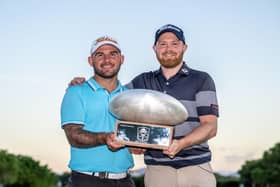 St Andrews man Alan Tulleth celebrates with Nathan Kimsey after helping the Englishman win the Rolex Challenge Tour Grand Final supported by The R&A at Club de Golf Alcanada in Mallorca. Picture: Octavio Passos/Getty Images.