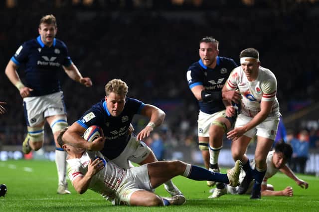 Duhan van der Merwe touches down for Scotland's fourth and winning try against England at Twickenham. (Photo by Shaun Botterill/Getty Images)
