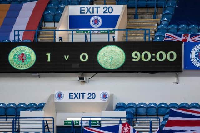 The full time scoreboard reads Rangers 1-0 Celtic on January 02, 2021, in Glasgow, Scotland (Photo by Craig Williamson / SNS Group)