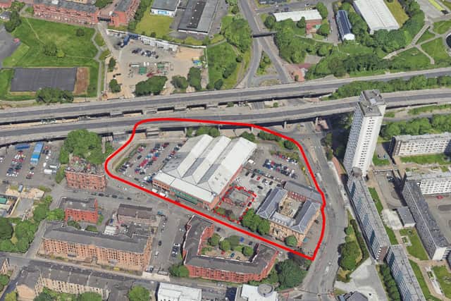 An aerial view identifying the Chinatown site on New City Road in Cowcaddens, Glasgow, that is proposed for redevelopment.