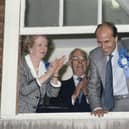 Then Conservative Party chairman Norman Tebbit, prime minister Margaret Thatcher and her husband Denis celebrate the Tories winning a third term in government on 11 June 1987 (Picture: Fox Photos/Hulton Archive/Getty Images)