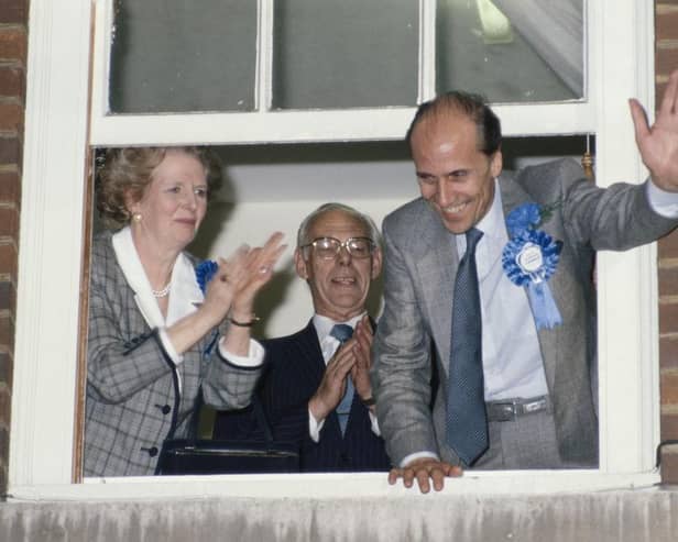 Then Conservative Party chairman Norman Tebbit, prime minister Margaret Thatcher and her husband Denis celebrate the Tories winning a third term in government on 11 June 1987 (Picture: Fox Photos/Hulton Archive/Getty Images)