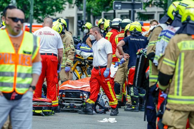 A police spokeswoman said the driver was detained at the scene after the car ploughed into a shop front in a busy shopping street in Charlottenburg district. It was not clear whether the crash was intentional. (Photo by Odd ANDERSEN / AFP) (Photo by ODD ANDERSEN/AFP via Getty Images)