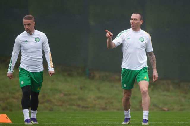 Scott Brown (right) and Leigh Griffiths during a Celtic training session at Lennoxtown before the clash with Hibs at Easter Road (Photo by Craig Williamson / SNS Group)