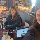 Janet Christie catching up with The Scotsman's Rural Affairs Correspondent Katherine Hay, who is walking around Scotland, in Eyemouth, Berwickshire. Pic: K Hay.