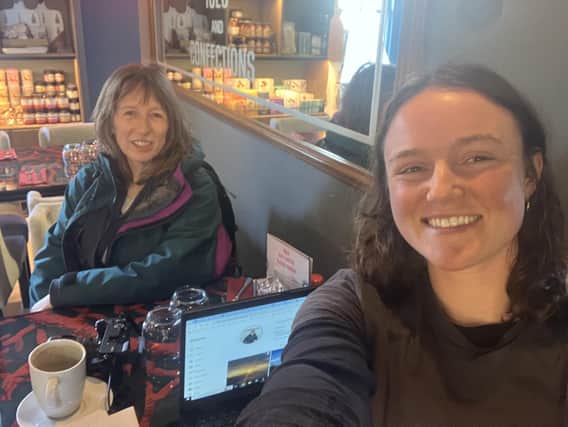 Janet Christie catching up with The Scotsman's Rural Affairs Correspondent Katherine Hay, who is walking around Scotland, in Eyemouth, Berwickshire. Pic: K Hay.
