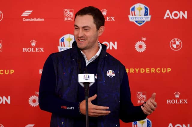 Patrick Cantlay speaks to the media prior to the 43rd Ryder Cup at Whistling Straits in Kohler, Wisconsin. Picture: Mike Ehrmann/Getty Images.