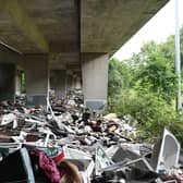Baths, asbestos, washing machines and bin bags piled up under the M8 motorway last year. Picture: John Devlin