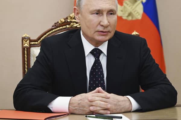 Russian president Vladimir Putin chairs a meeting with members of the Security Council via a video conference at the Kremlin in Moscow. Picture: Pavel Byrkin, Sputnik, Kremlin Pool Photo via AP