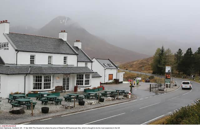 The  forecourt at the Cluanie Inn, pictured here in April,  is thought to be the most expensive in the UK with the owner having to pass on high costs of small orders to customers. PIC: Peter Jolly/Shutterstock.