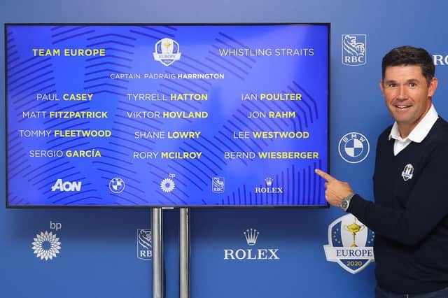 Team Europe Ryder Cup Captain Padraig Harrington pictured with his completed team for the match at Whistling Straits. Picture: Andrew Redington/Getty Images.