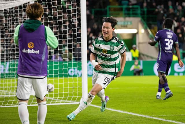 Celtic's Oh Hyeon-gyu celebrates after scoring his second to make it 4-0 over Hibs. (Photo by Craig Williamson / SNS Group)