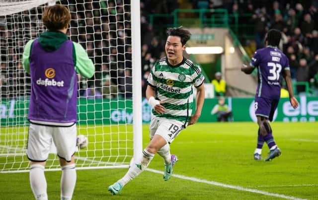 Celtic's Oh Hyeon-gyu celebrates after scoring his second to make it 4-0 over Hibs. (Photo by Craig Williamson / SNS Group)