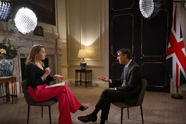 Prime Minister Rishi Sunak (right) appearing on the BBC's 'Sunday Morning' political television show with journalist Laura Kuenssberg (left), from 10 Downing Street in London. Picture: Jeff Overs/BBC/AFP via Getty Images