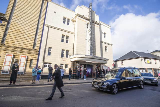 The funeral cortege passes by the Gaiety Theatre in Ayr of entertainer Sydney Devine who died aged 81 on February 13 picture: Jane Barlow/PA Wire
