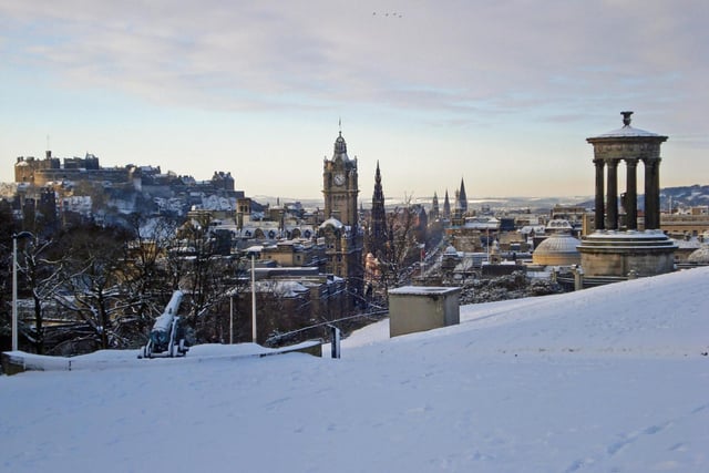 From Calton Hill you can breathe in the stunning roof-top views of the Scottish Parliament building, the armadillo-shaped Dynamic Earth science centre and the old Royal High School - now imagine all that with snow included and you've got a postcard design on your hands.