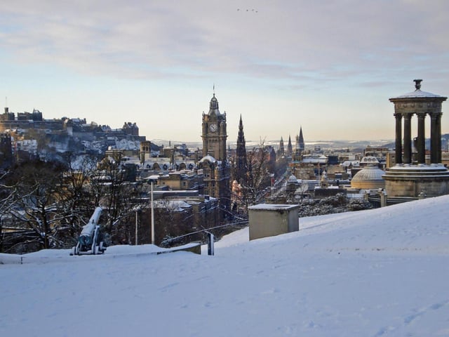 From Calton Hill you can breathe in the stunning roof-top views of the Scottish Parliament building, the armadillo-shaped Dynamic Earth science centre and the old Royal High School - now imagine all that with snow included and you've got a postcard design on your hands.