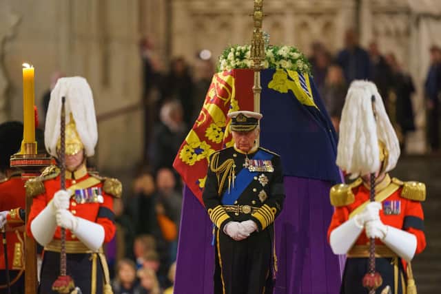 King Charles III, the Princess Royal, the Duke of York and the Earl of Wessex hold a vigil beside the coffin of their mother, Queen Elizabeth II, as it lies in state. Picture: Dominic Lipinski/PA Wire