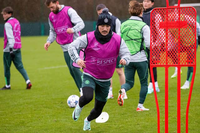 Daizen Maeda trains ahead of Celtic's match against Feyenoord.