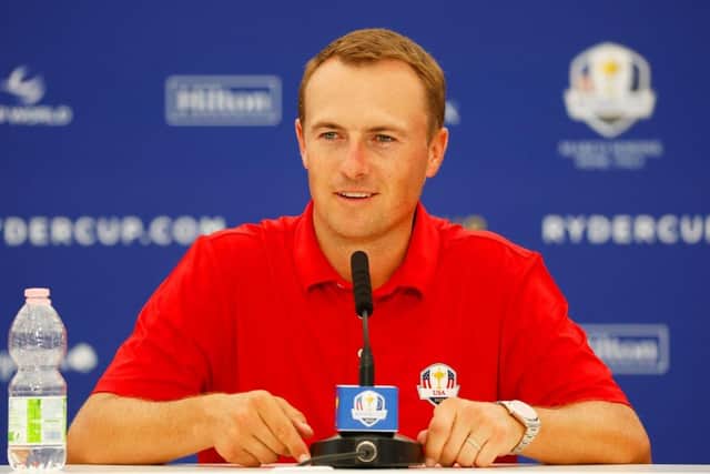 Jordan Spieth of Team USA talks in a press conference during a practice round prior to the 2023 Ryder Cup at Marco Simone Golf Club in Rome. Picture: Mike Ehrmann/Getty Images.