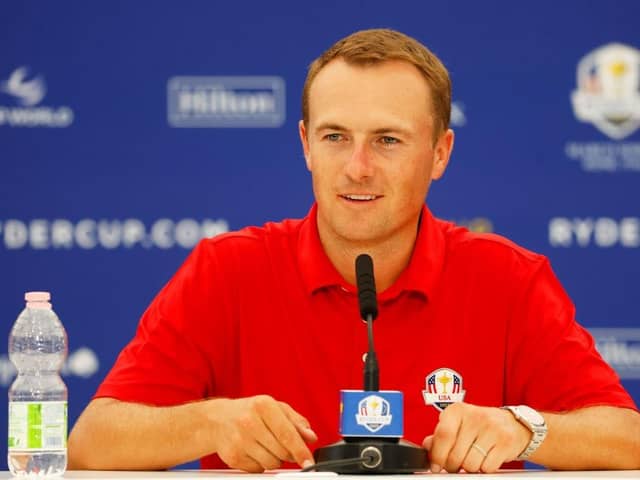Jordan Spieth of Team USA talks in a press conference during a practice round prior to the 2023 Ryder Cup at Marco Simone Golf Club in Rome. Picture: Mike Ehrmann/Getty Images.