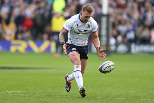 Scotland's Stuart Hogg comes close to a try but cannot grab the Chris Harris pass against France in this Six Nations clash.