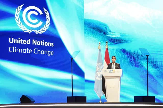 Prime Minister Rishi Sunak addresses delegates during the Cop27 summit at Sharm el-Sheikh, Egypt. Picture date: Monday November 7, 2022.