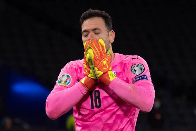 Israel's Ofir Marciano after failing to save John McGinn's penalty during the Euro play-off match against Scotland. Photo by Alan Harvey / SNS Group
