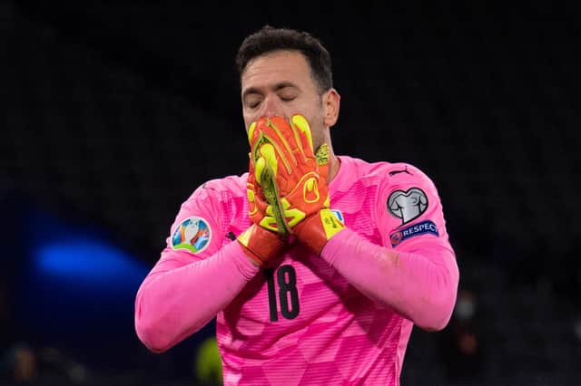 Israel's Ofir Marciano after failing to save John McGinn's penalty during the Euro play-off match against Scotland. Photo by Alan Harvey / SNS Group